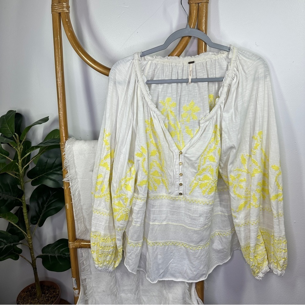 Free People White and Yellow Boho Flowy Top sz S